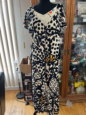 Anthropologie Black, White & Yellow Abstract Floral Maxi Dress